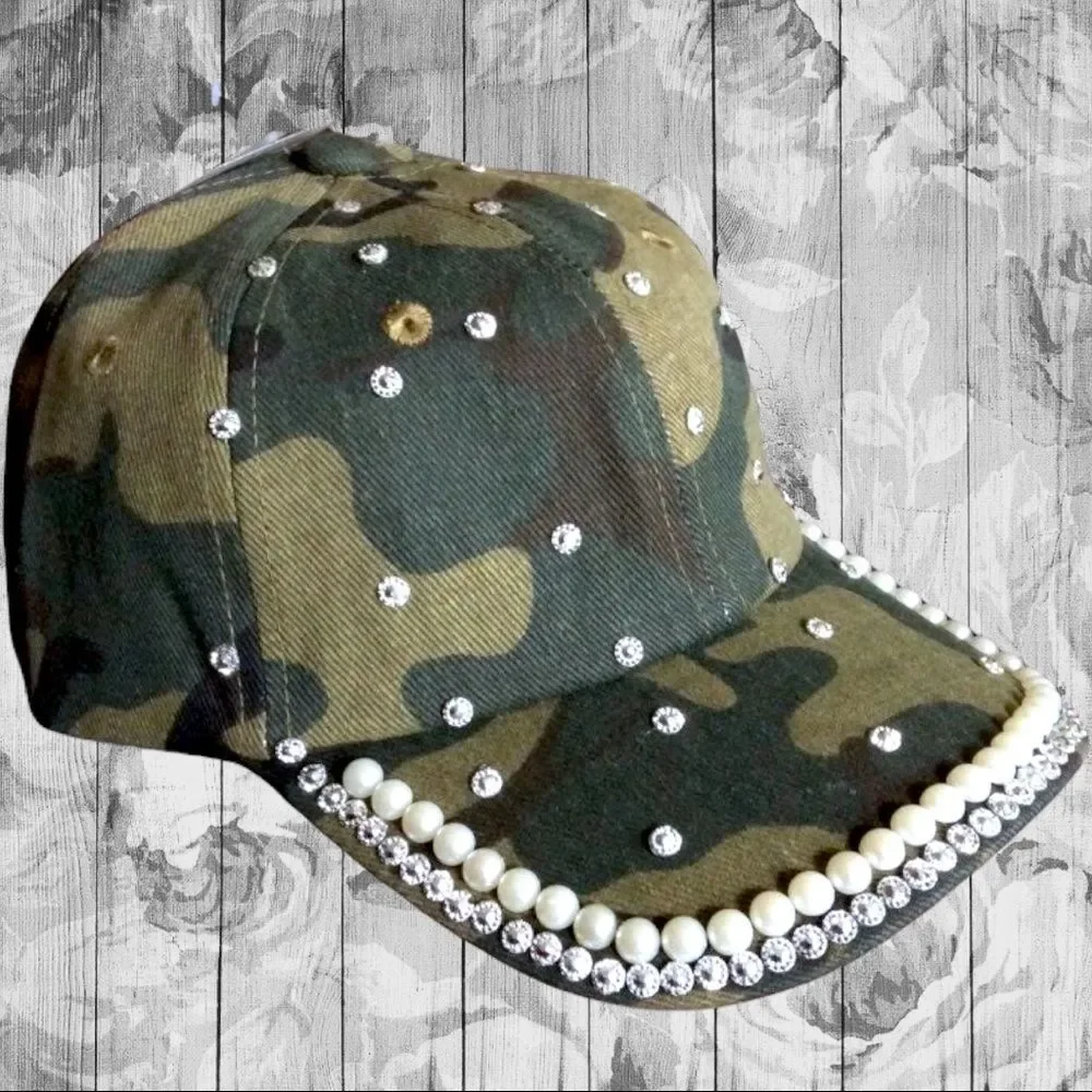 Camo Bling Rhinestone & Pearl Embellished Baseball Cap Hat NEW - Picture 6 of 12
